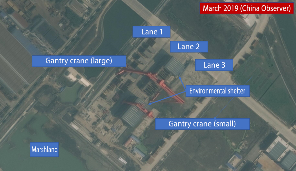 March 2019 (China Observer), Lane 1, Lane 2, Lane 3, Gantry crane (large), Gantry crane (small), Environmental shelter, Marshland