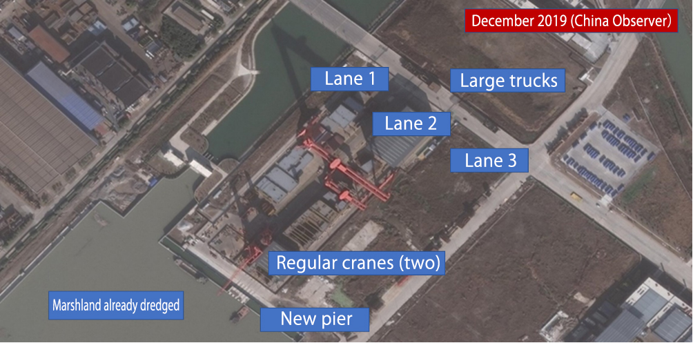 December 2019 (China Observer）, Lane 1, Lane 2, Lane 3, Large trucks, Regular cranes (two), Marshland already dredged, New pier