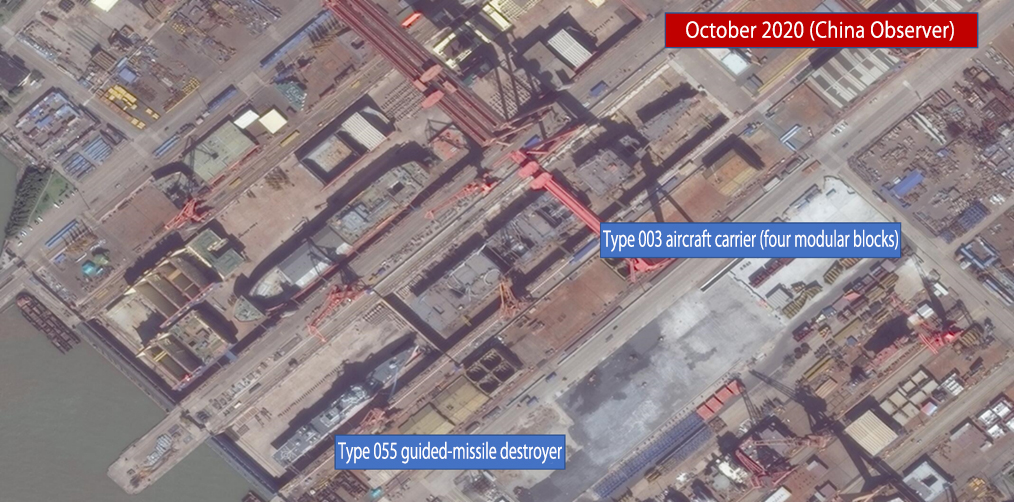 October 2020 (China Observer), Type 003 aircraft carrier (four modular blocks), Type 055 guided-missile destroyer