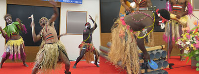 パプアニューギニアのパフォーマンス（左）/バンブーバンドの演奏（右）